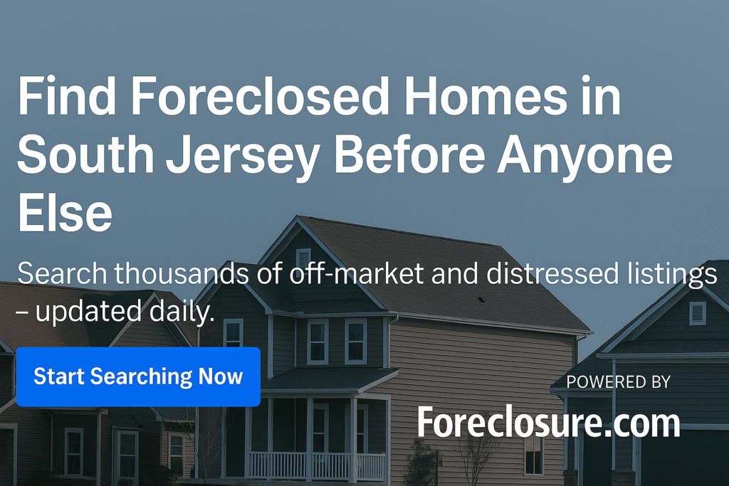 Promotional banner featuring suburban homes with headline: ‘Find Foreclosed Homes in South Jersey Before Anyone Else.’ Includes call-to-action button reading ‘Start Searching Now’ and Foreclosure.com branding.