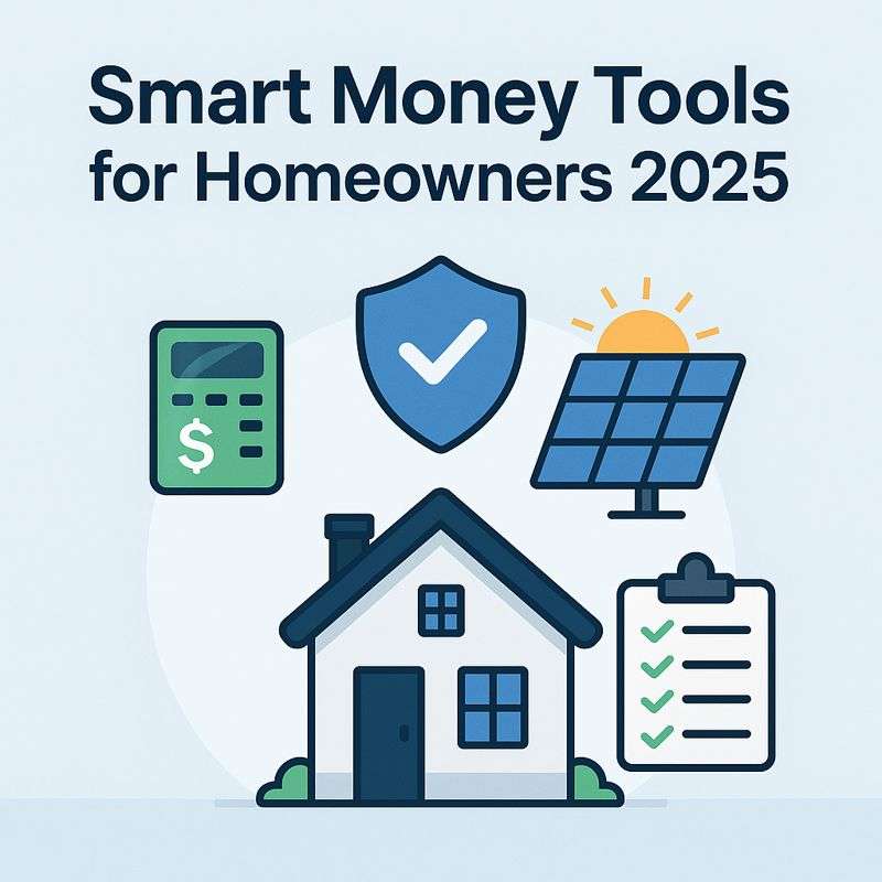 Digital illustration promoting smart money tools for homeowners in 2025, featuring icons for budgeting, home protection, solar savings, and financial planning