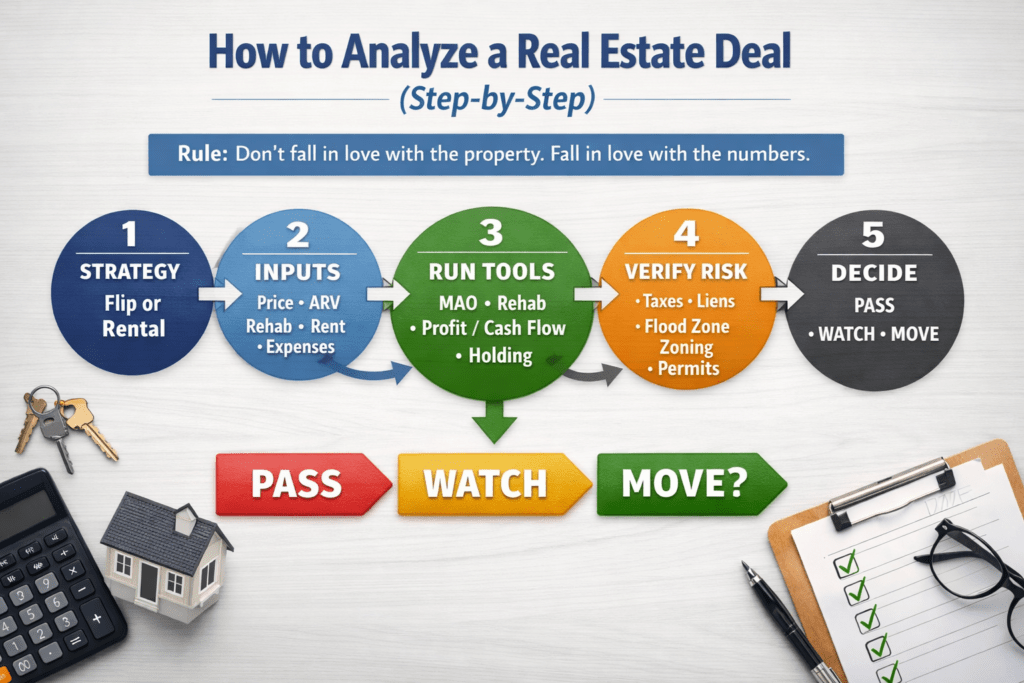Real estate deal analyzer tools for investment property analysis South Jersey Investor Workbench Real Estate Deal Analyzer & Investment Property Tools This real estate deal analyzer helps South Jersey investors evaluate flips, rentals, foreclosures, and off-market deals using real numbers—not hype. Estimate MAO, rehab costs, cash flow, and profit using a repeatable framework before making an offer. Jump to Deal Analyzer Tools How to Analyze a Deal Educational content only. Always verify property details and consult licensed professionals before making investment decisions. Quick Start: Use the tools below in this order — (1) run the MAO / offer framework, (2) estimate repairs, (3) check cash flow (rentals) or profit (flip), then (4) review risk and due diligence. how to analyze a real estate investment deal step by step How to Analyze a Real Estate Deal Using These Tools (In Order) The goal isn’t to “run numbers” — it’s to reach a clear PASS / WATCH / MOVE decision using conservative inputs. The workflow below is how investors quickly screen flips, rentals, foreclosures, and off-market leads without getting emotional. Quick rule: Don’t fall in love with the property. Fall in love with the numbers. Start with MAO (Offer): Use ARV + repairs to calculate the highest price you can pay and still protect profit/cash flow. If the MAO is far below asking, you can PASS early and save time. Estimate Repairs (Conservatively): Break rehab into categories and add a buffer (10–15%+ when interior access is limited). Repairs are the #1 reason deals look good on paper but fail in real life. Choose your strategy (Flip or Rental): Flip: Run the Flip Profit tool to confirm true profit after resale + closing + timeline. Rental: Run the Rental Cash Flow tool to confirm monthly cash flow after vacancy + expenses + reserves. Add Holding Costs: Calculate carrying costs so delays don’t quietly destroy the deal. Stress test with +1–2 buffer months. If it still works, it’s stronger. Verify Risk & Due Diligence: Confirm the basics (taxes, liens, flood risk, zoning, access/occupancy) before you act. If key info can’t be verified quickly, treat it as a WATCH — not a MOVE. Best practice: Run your numbers twice — (1) realistic and (2) stress-tested (+15% rehab, +2 months holding, -3% ARV or -$100 rent). If the deal only works in the best-case scenario, it’s a WATCH or PASS. Jump to the Calculators Jump to Due Diligence Real Estate Deal Analyzer Tools (Calculators) Below are the core calculators investors use to analyze real estate deals quickly. Each tool includes a preview + a button to make your own editable copy in Google Sheets. Recommended order: (1) MAO / Offer → (2) Rehab Estimate → (3) Flip Profit or Rental Cash Flow → (4) Holding Costs Tool 1 of 5 MAO / Offer Calculator (Maximum Allowable Offer) Fastest way to decide if a deal is worth pursuing. This tool helps you calculate the highest offer you can make while protecting your profit margin (or wholesale spread). Best for flips, value-add deals, and quick screening. ✅ Make Your Own Copy (Editable) 🔎 Open Fullscreen Tip: If interior access is limited, add a 10–15% rehab buffer before trusting your MAO. Tool 2 of 5 Rehab Cost Estimator Break repairs into categories so your rehab estimate stays conservative and realistic. Ideal when photos are limited, the property is vacant, or interior access is unknown. ✅ Make Your Own Copy (Editable) 🔎 Open Fullscreen Tip: When unsure, round up and include a contingency line item. Tool 3 of 5 Fix & Flip Profit Calculator Estimates true profit after rehab, holding costs, closing fees, selling costs, and timeline assumptions. Thin deals usually get exposed here. ✅ Make Your Own Copy (Editable) 🔎 Open Fullscreen Tip: Stress test: +15% rehab, +2 months holding, -3% ARV. If it still works, it’s strong. Tool 4 of 5 Rental Cash Flow Calculator Calculates realistic monthly cash flow after vacancy, expenses, reserves, and debt service. Includes “real-world” costs like maintenance and management placeholders. ✅ Make Your Own Copy (Editable) 🔎 Open Fullscreen Tip: Use conservative rent and add vacancy + reserves so your numbers hold up long-term. Tool 5 of 5 Holding Cost Calculator Calculates monthly carrying costs so delays don’t quietly destroy profit. Helpful for flips, BRRRR timelines, and slow-moving resale markets. ✅ Make Your Own Copy (Editable) 🔎 Open Fullscreen Tip: Add 1–2 buffer months when projecting timelines to avoid surprise losses. 🏠 Looking for Foreclosed Homes? Click here to browse on Foreclosure.com »