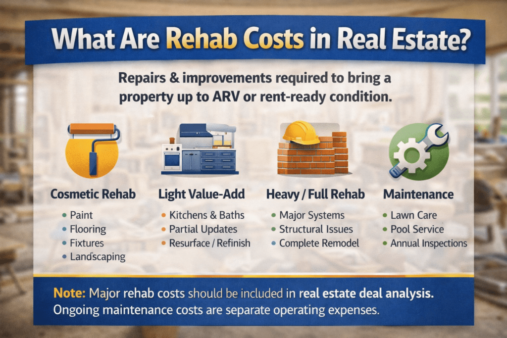 Infographic explaining rehab costs in real estate, showing cosmetic rehab, light value-add, heavy or full rehab, and maintenance categories used in a real estate deal analyzer.