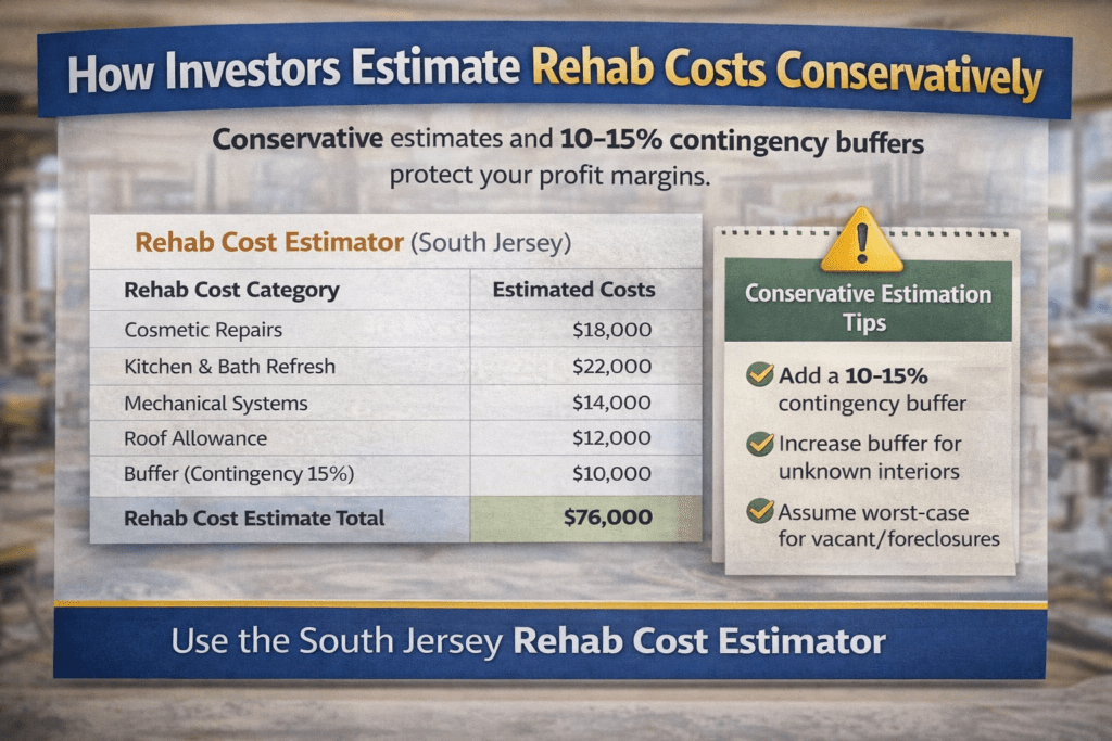 How investors estimate rehab costs conservatively using a real estate deal analyzer, showing rehab cost categories, estimated costs, and a 10–15% contingency buffer for South Jersey investment properties.